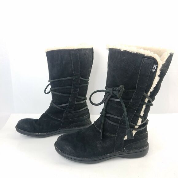 UGG Catalina Laced Black Nubuck Leather Sheepskin Boots Faux Fur Lined Size 6 - Picture 1 of 7